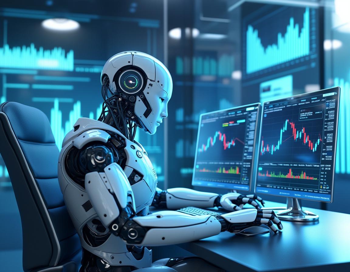 A humanoid AI trading bot at a sleek workstation analyzes market data on multiple vibrant screens.