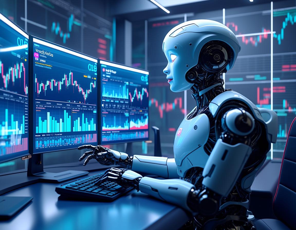 A sleek humanoid AI trading bot at a high-tech workstation analyzing crypto and stock market data.