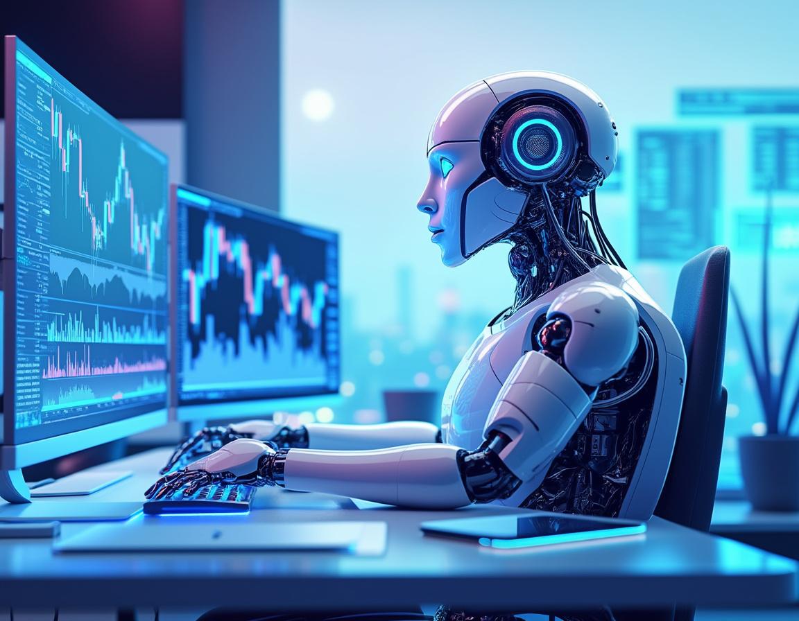 A hyper-realistic AI trading bot at a sleek workstation analyzing data across multiple screens.