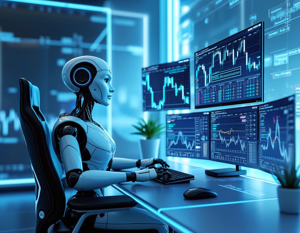 A hyper-realistic AI trading bot analyzes market data on multiple screens in a futuristic workspace.