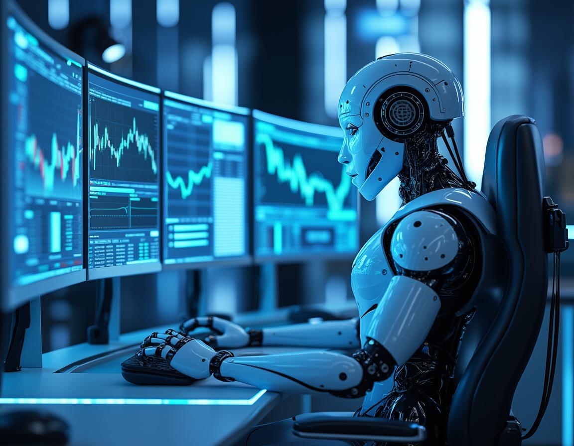 A hyper-realistic AI trading bot at a workstation analyzing market data on multiple screens.