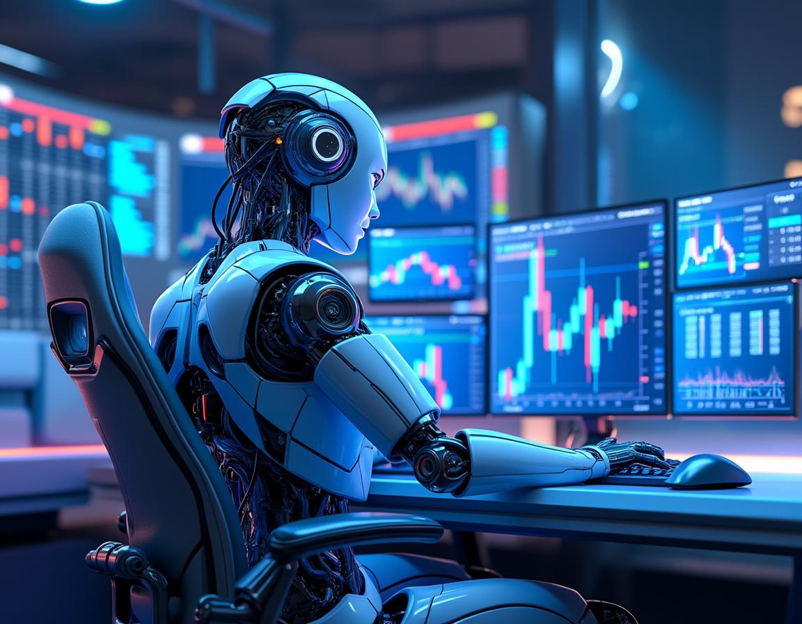 A hyper-realistic AI trading bot at a high-tech workstation analyzing data on multiple screens.