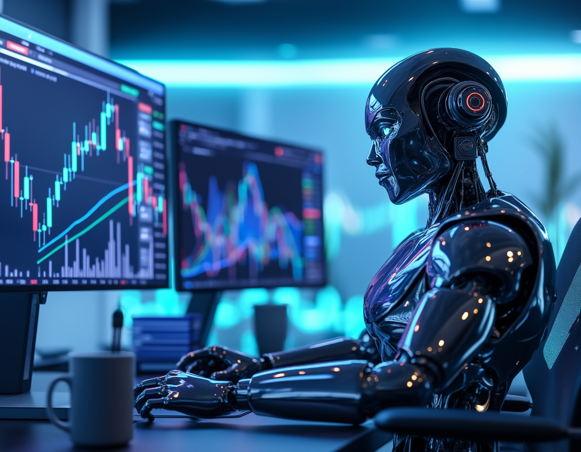 A hyper-realistic AI trading bot operates in a futuristic financial setting, analyzing data trends.