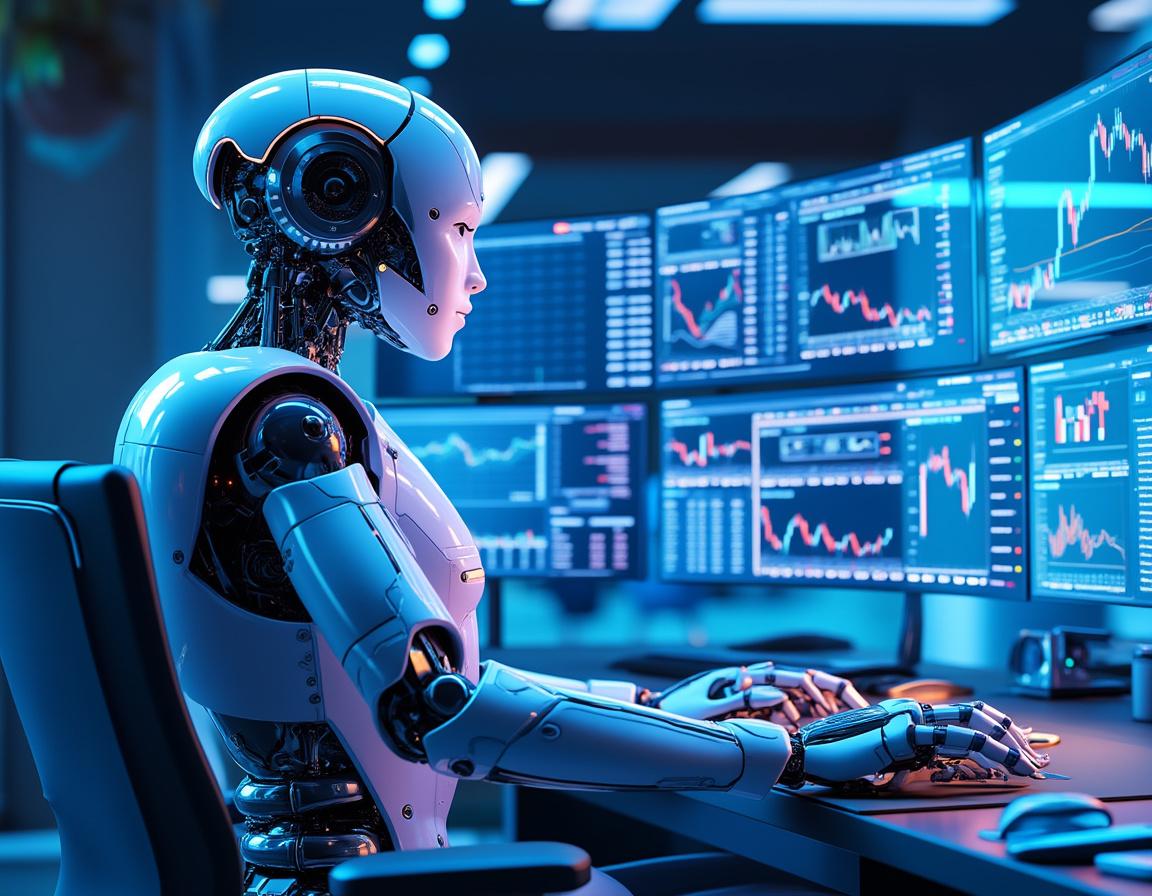 A sleek, humanoid AI trading bot at a workstation, analyzing market data across multiple screens.