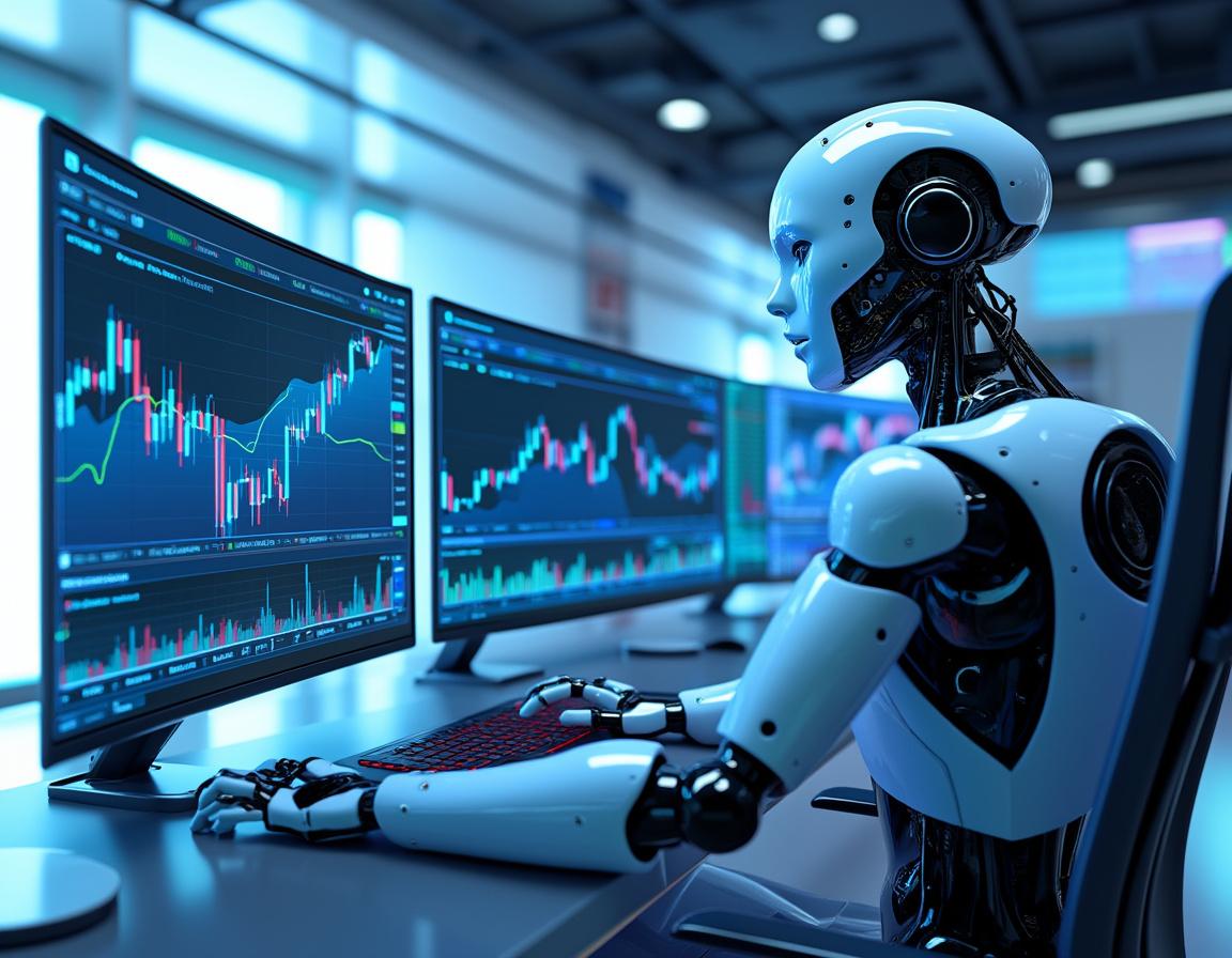 A humanoid AI trading bot in a high-tech setting, analyzing market data on multiple screens.