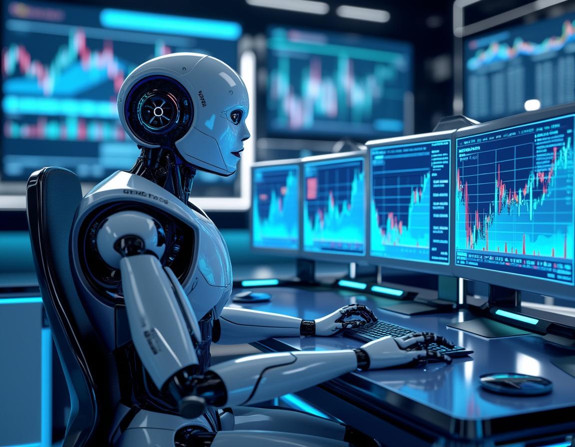 A sleek humanoid AI trading bot at a high-tech workstation analyzes market data on multiple screens.