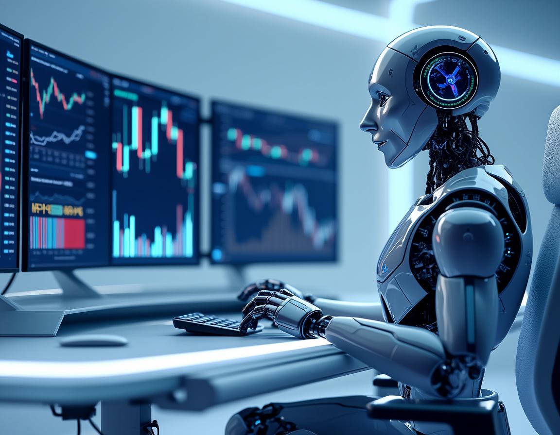A humanoid AI trading bot at a high-tech workstation analyzing market data on multiple screens.