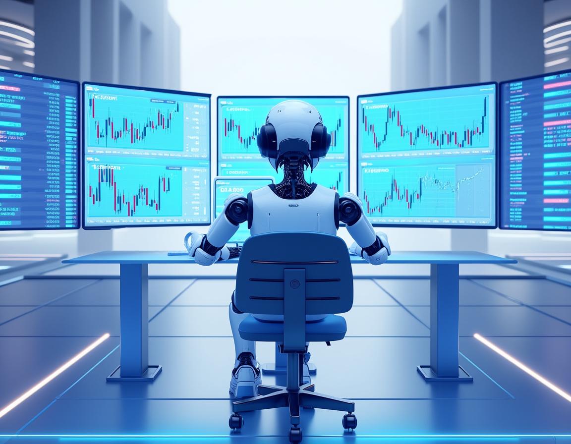 A humanoid AI trading bot at a high-tech workstation analyzing market data on multiple screens.