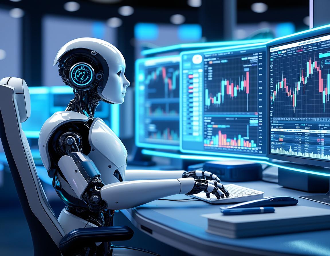 A hyper-realistic AI trading bot engaged in market analysis at a high-tech workstation with screens.
