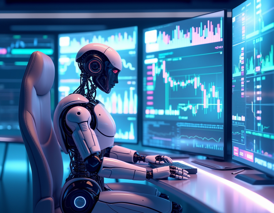 A hyper-realistic AI trading bot at a high-tech workstation, analyzing crypto and stock data.