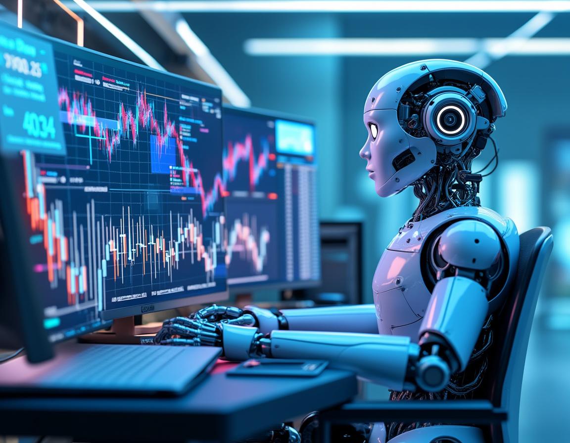 A hyper-realistic AI trading bot at a workstation, analyzing market data across multiple screens.