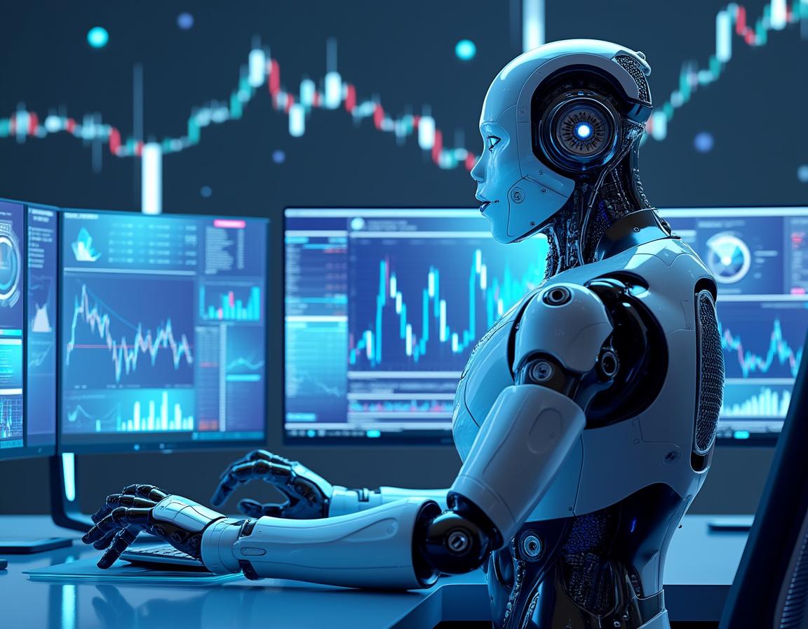 A hyper-realistic AI trading bot at a high-tech workstation analyzing stock and crypto market data.