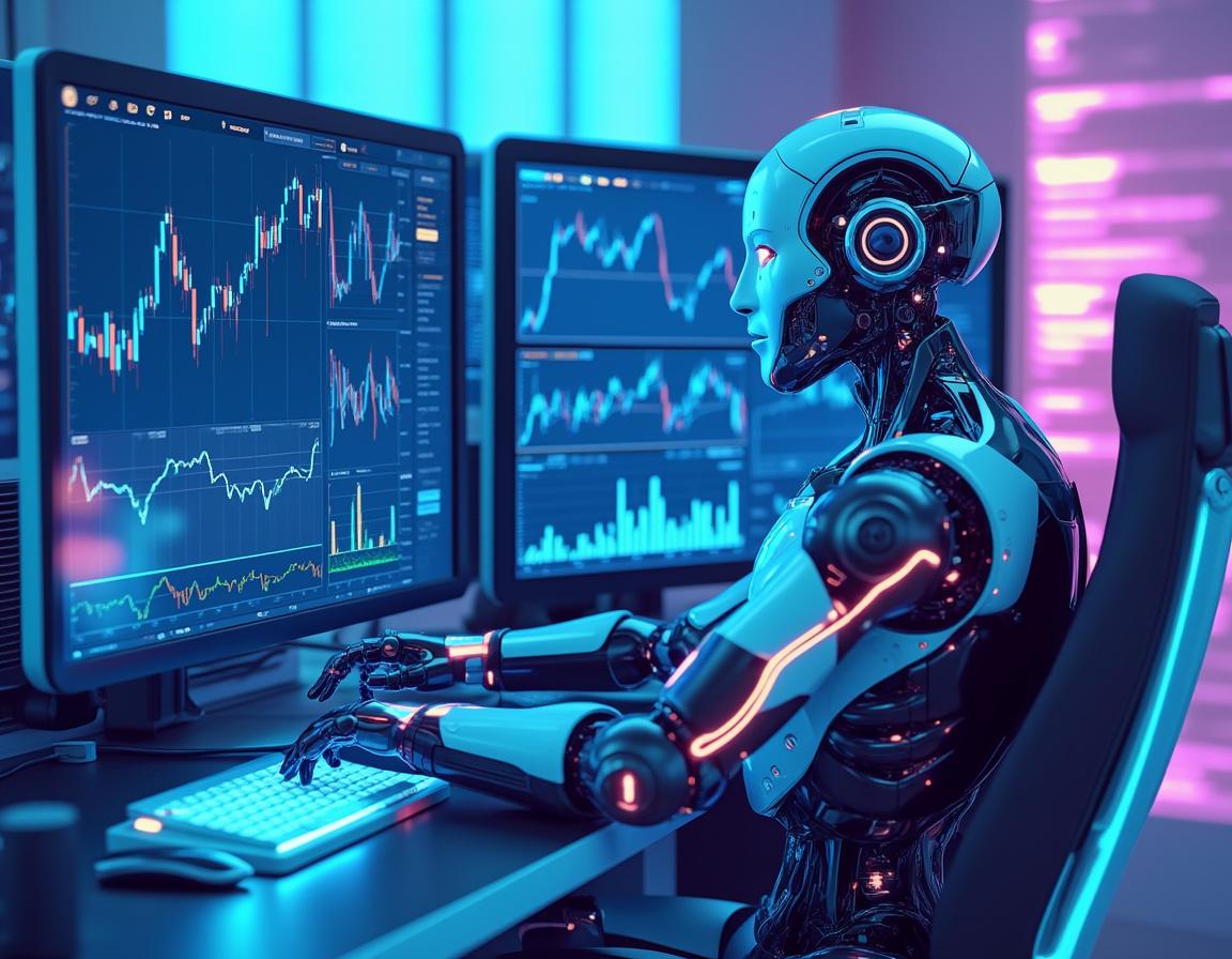 A hyper-realistic AI trading bot at a workstation, analyzing markets with detailed data displays.
