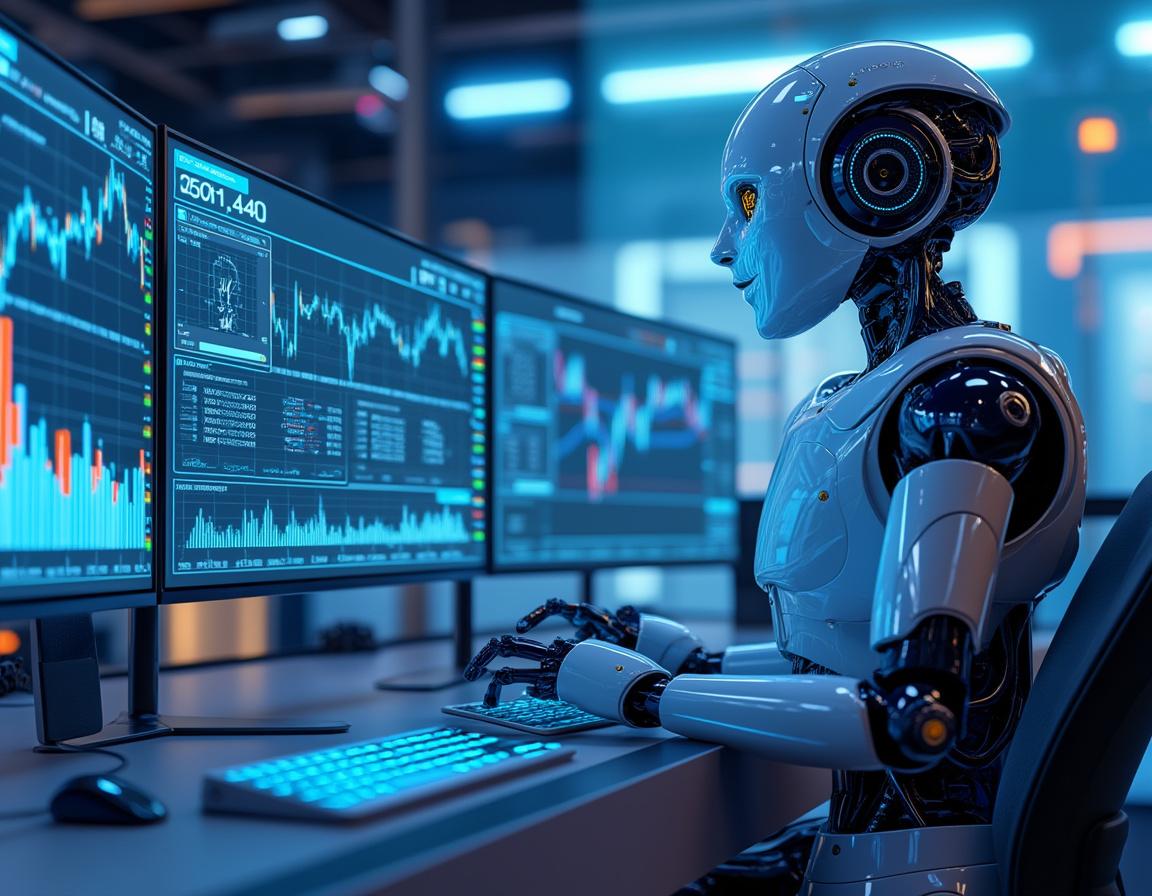 A hyper-realistic AI trading bot at a futuristic workstation analyzing market data on screens.
