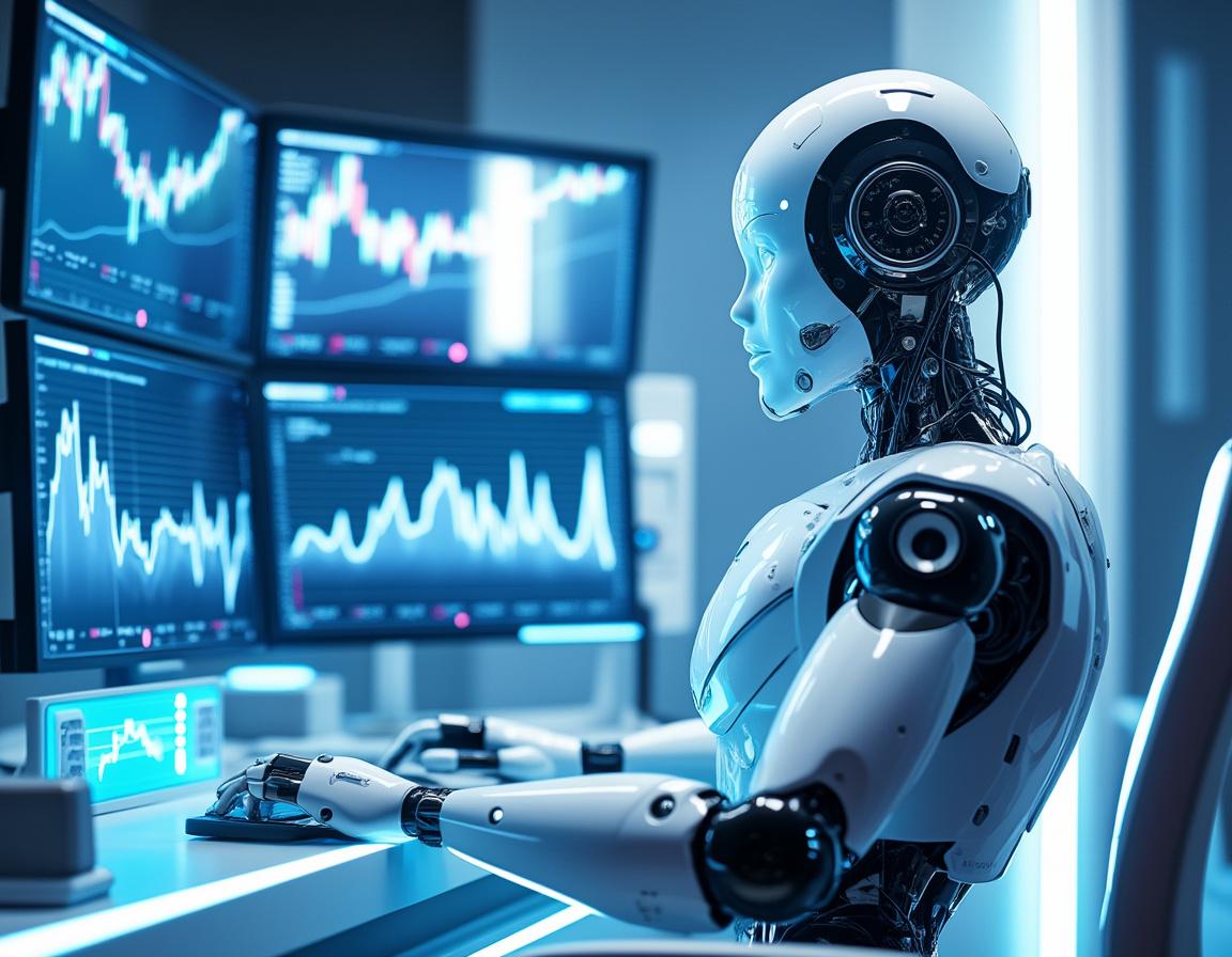 A hyper-realistic AI trading bot at a workstation, analyzing crypto data across multiple screens.