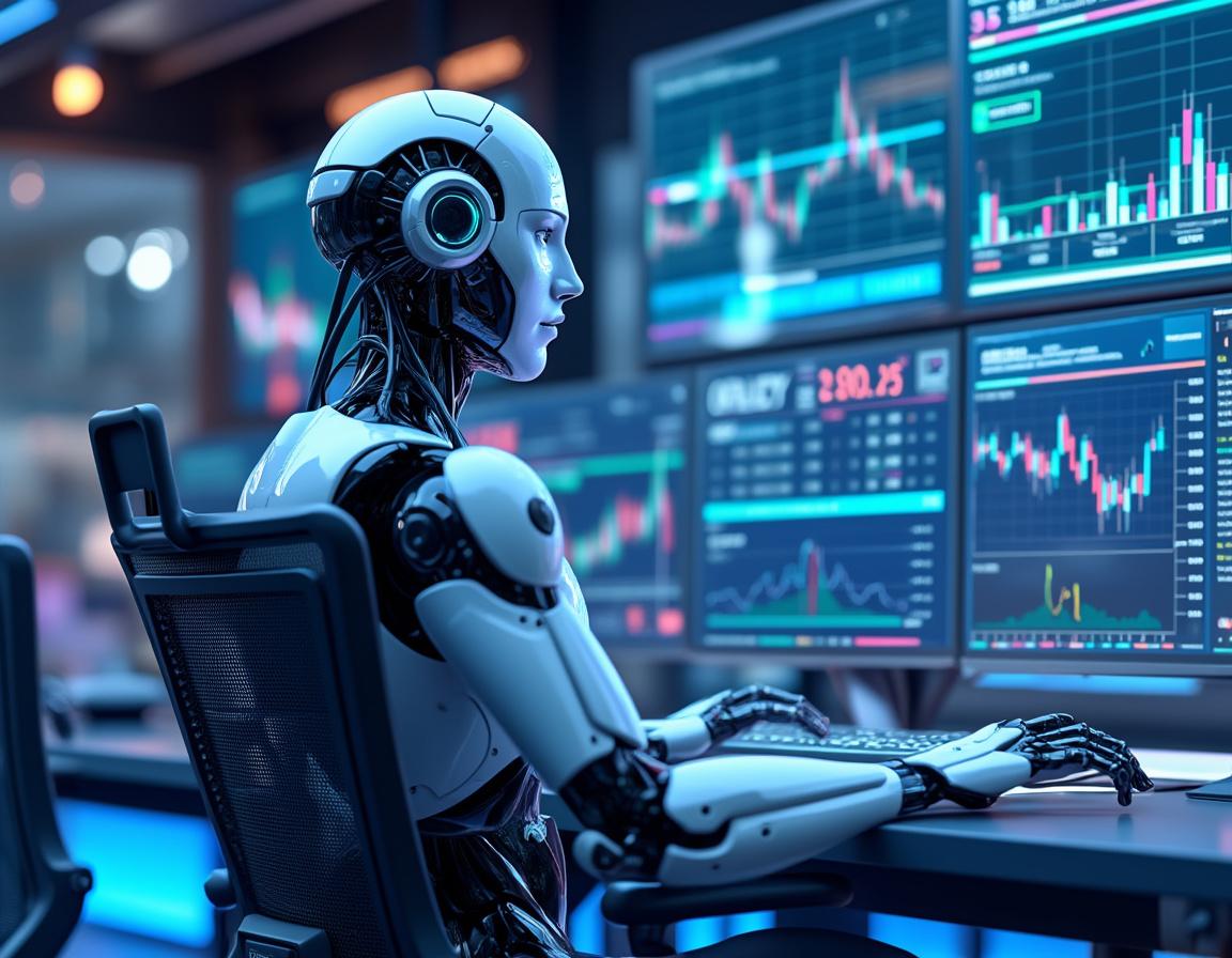 A hyper-realistic AI trading bot at a workstation analyzing market data in a futuristic scene.