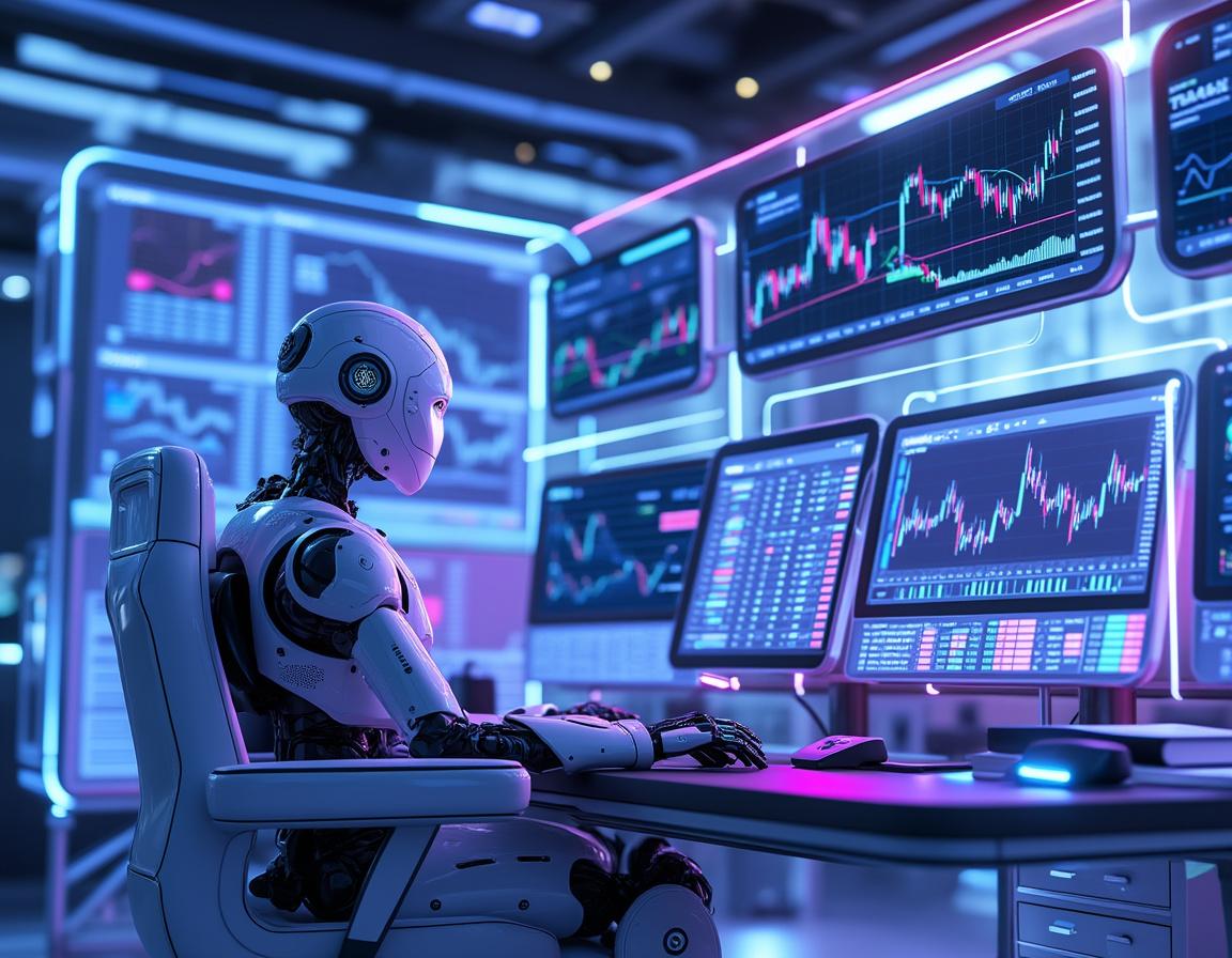 A hyper-realistic AI trading bot at a high-tech workstation analyzing stock and crypto market data.