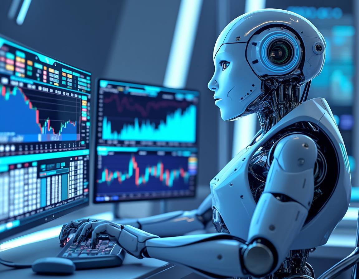 A hyper-realistic AI trading bot at a workstation analyzing market data across multiple screens.