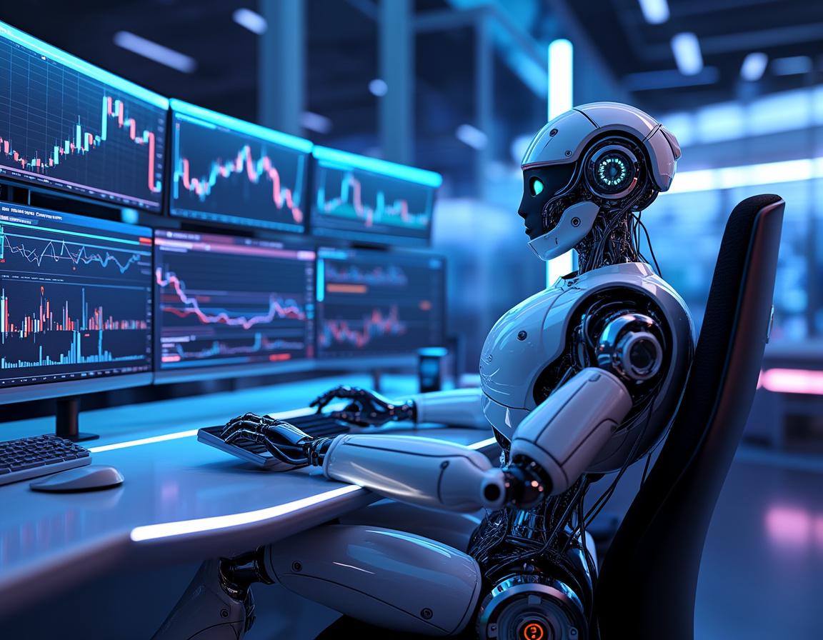 A hyper-realistic AI trading bot at a sleek workstation analyzing stock and crypto market data.