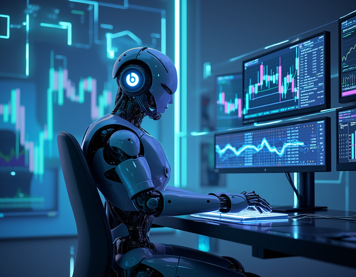 A humanoid AI trading bot analyzes market data at a workstation, displaying stock and crypto charts.