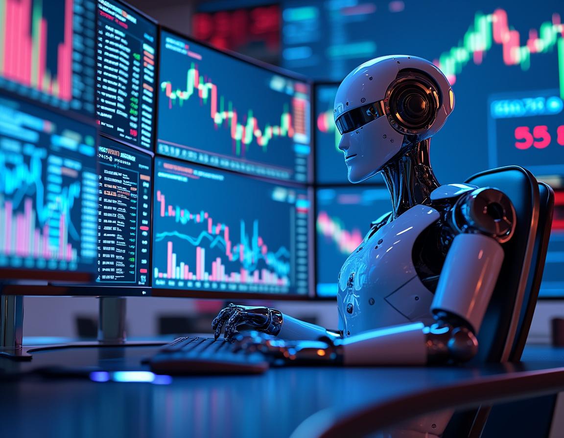 A humanoid AI trading bot at a workstation analyzing market data on screens in a futuristic setting.