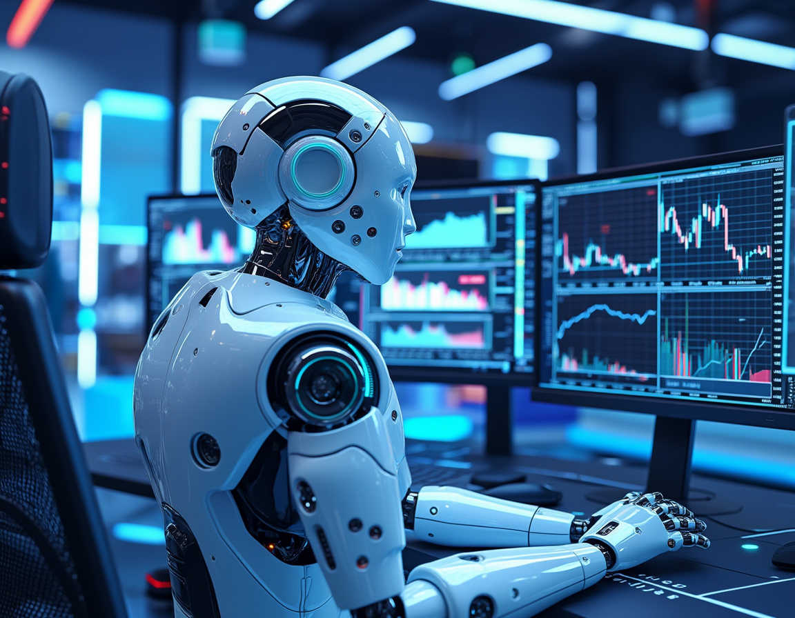 A humanoid AI trading bot at a high-tech workstation analyzes market data across multiple screens.