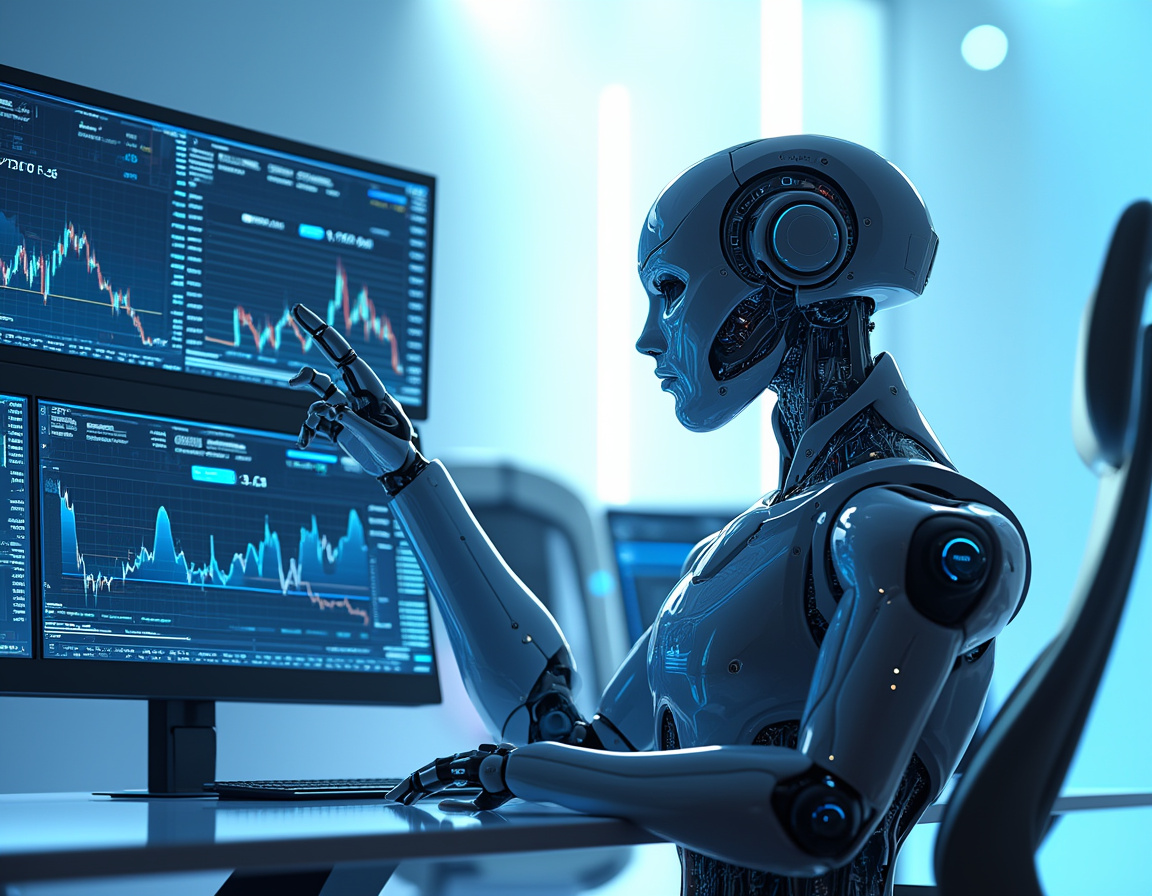 A futuristic AI trading bot analyzes market data at a high-tech workstation with multiple screens.
