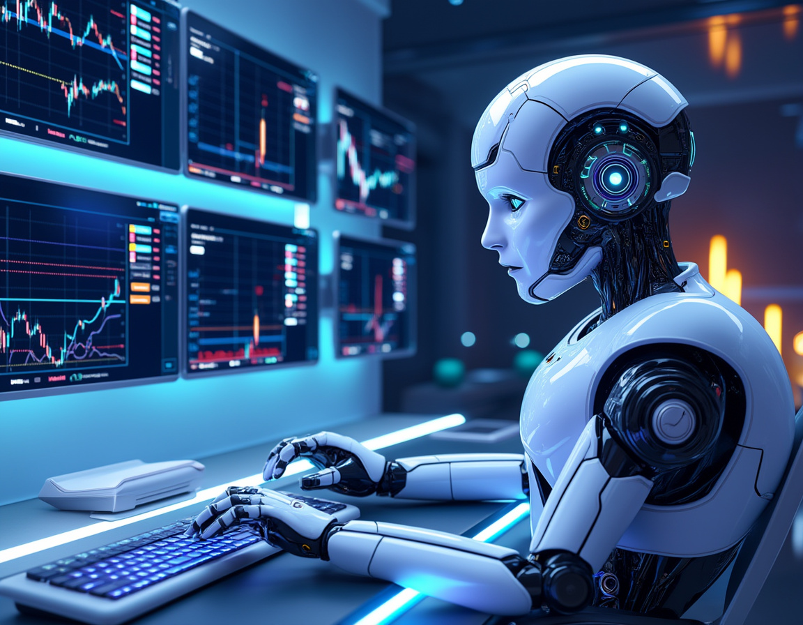 A hyper-realistic AI trading bot at a workstation analyzing market data across multiple screens.