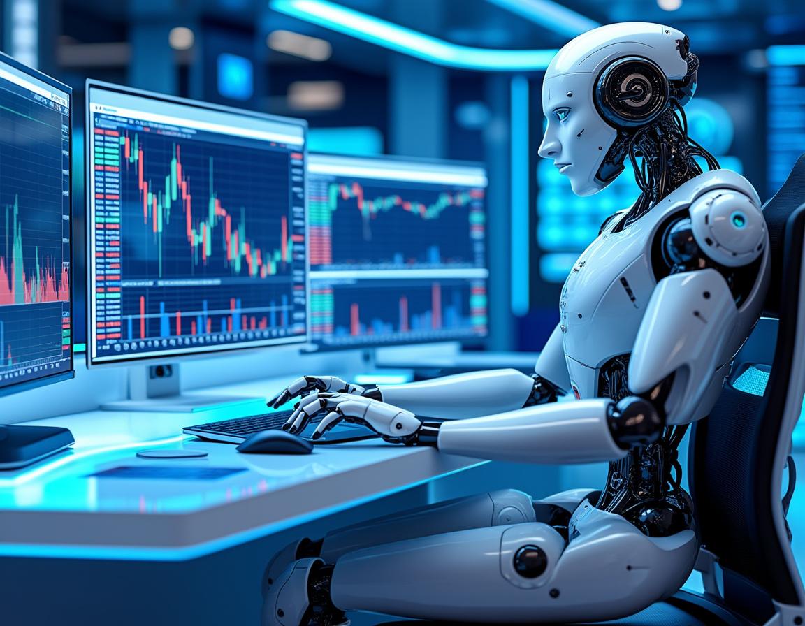 A futuristic AI trading bot at a high-tech workstation analyzing market data with multiple screens.