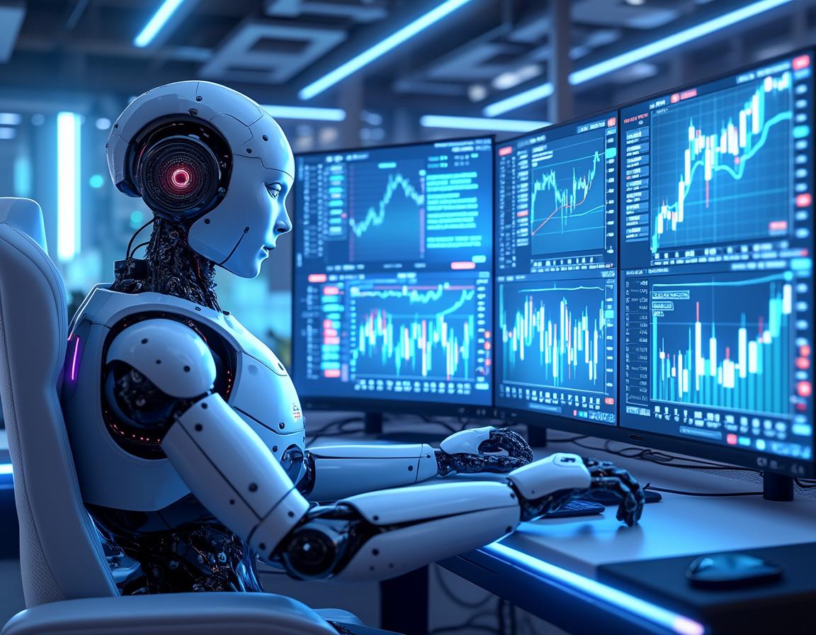 A humanoid AI trading bot at a workstation analyzing crypto market data on multiple screens.