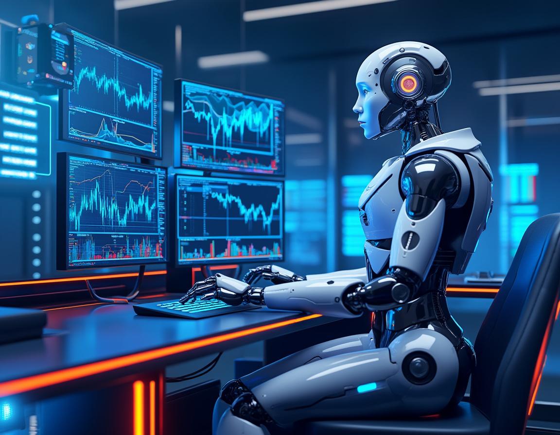 A sleek humanoid AI trading bot at a high-tech workstation, analyzing markets on multiple screens.