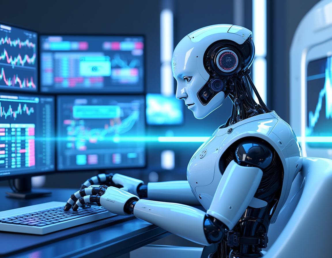 A hyper-realistic AI trading bot at a workstation, analyzing market data on multiple screens.