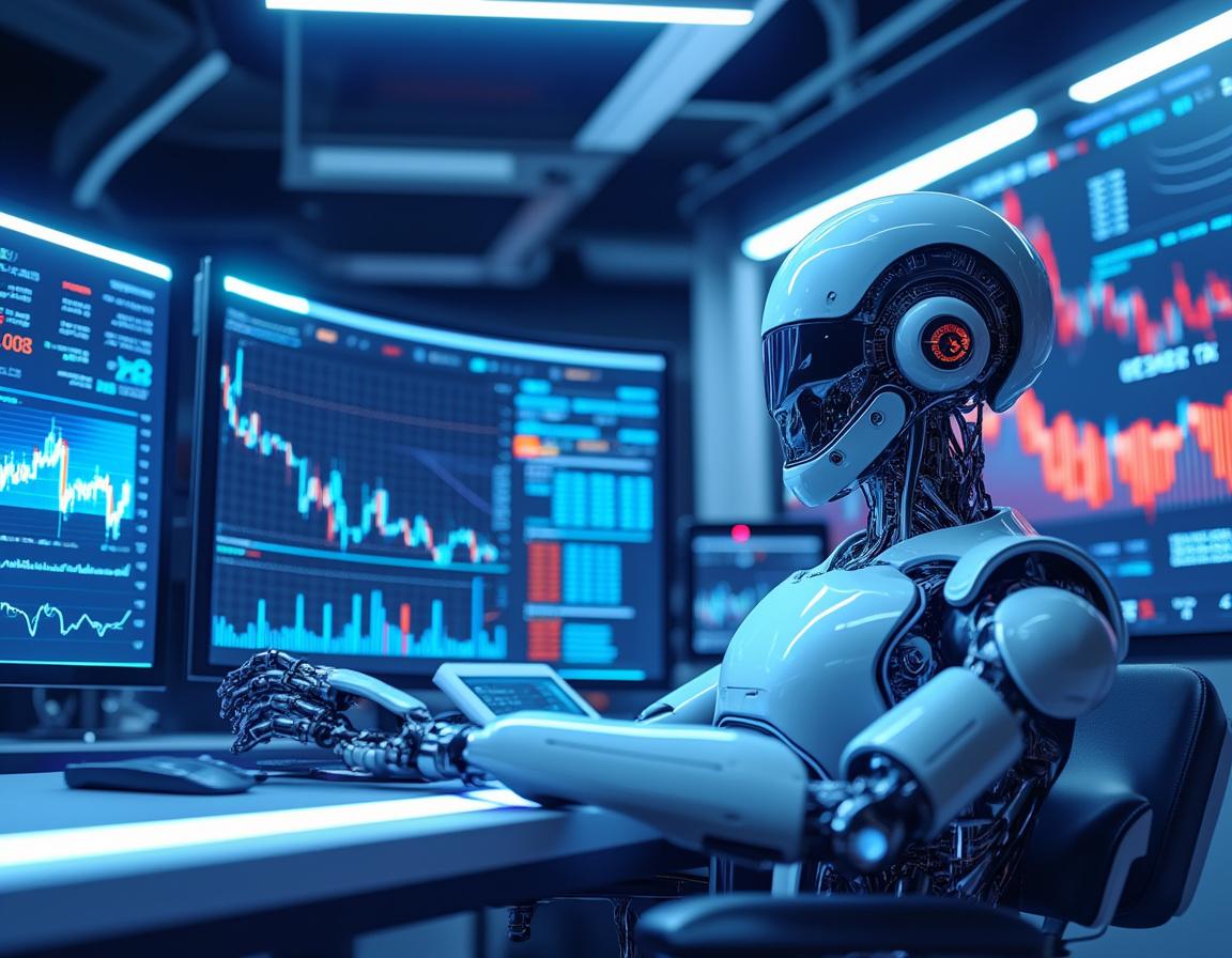 A humanoid AI trading bot analyzes market data at a high-tech workstation surrounded by screens.