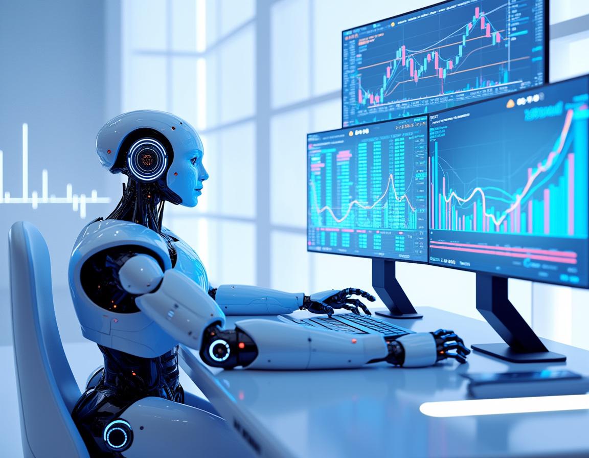 A sleek AI trading bot at a high-tech workstation analyzing market data on multiple screens.