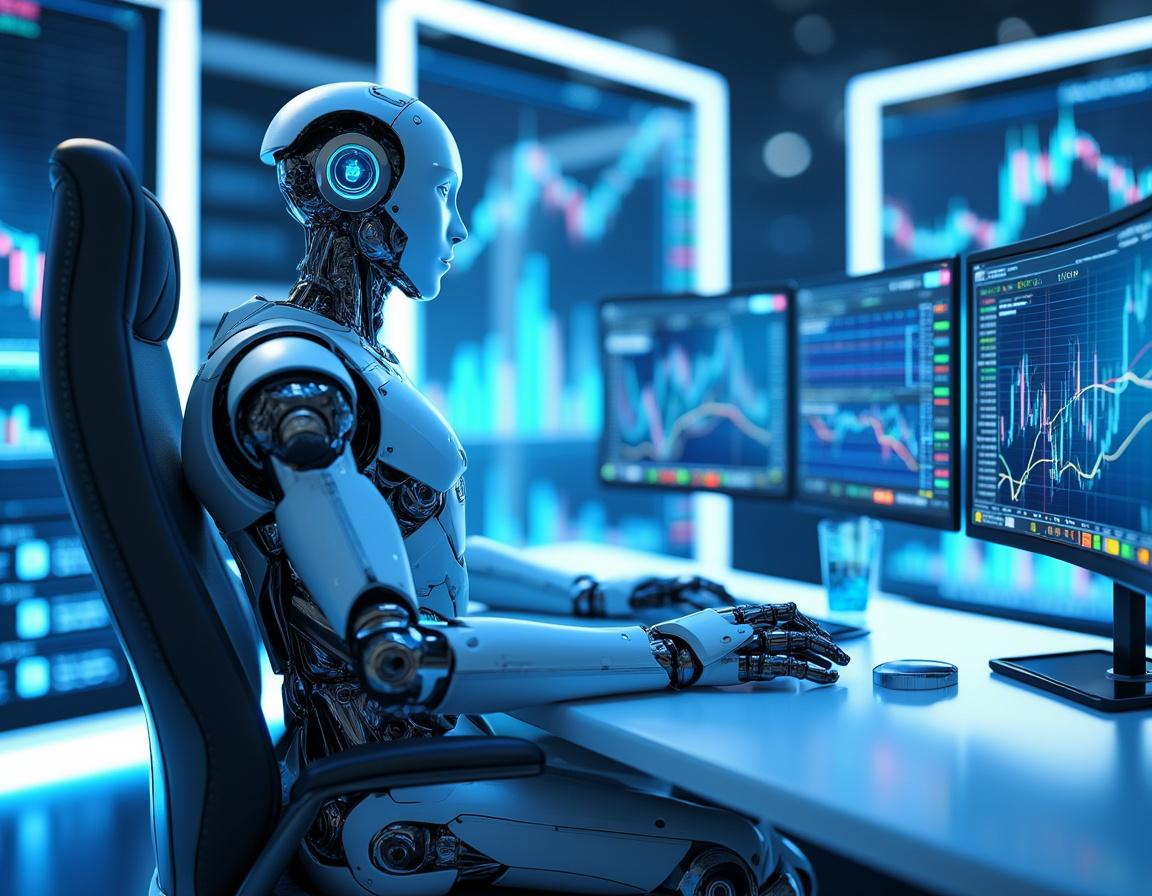 A hyper-realistic AI trading bot at a workstation, analyzing market data across multiple screens.