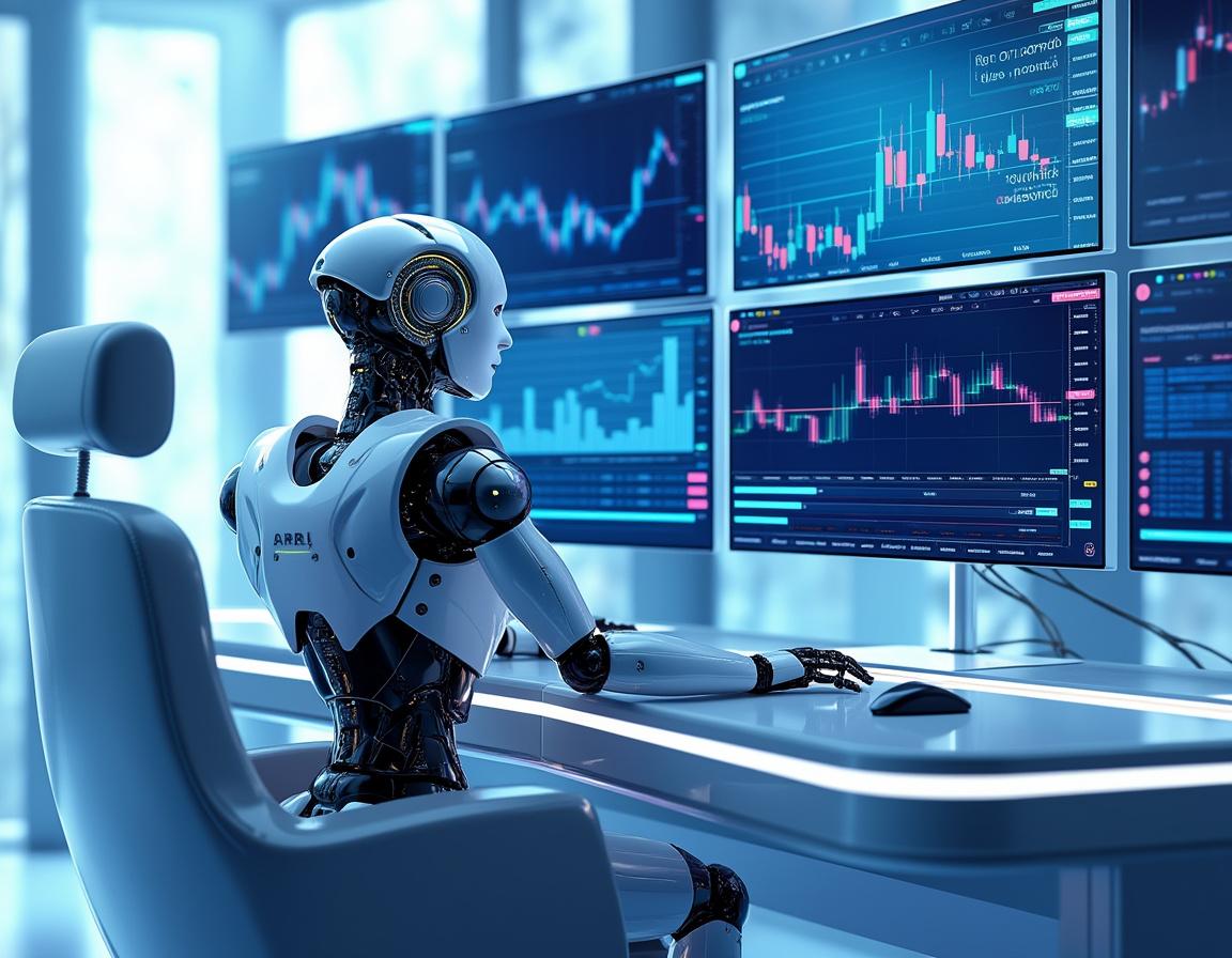 A sleek humanoid AI trading bot at a high-tech workstation analyzes market data on glowing screens.