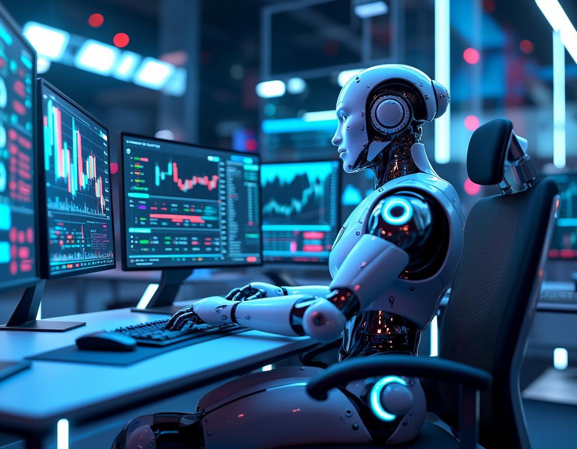 A humanoid AI trading bot analyzes market data at a high-tech workstation, surrounded by screens.