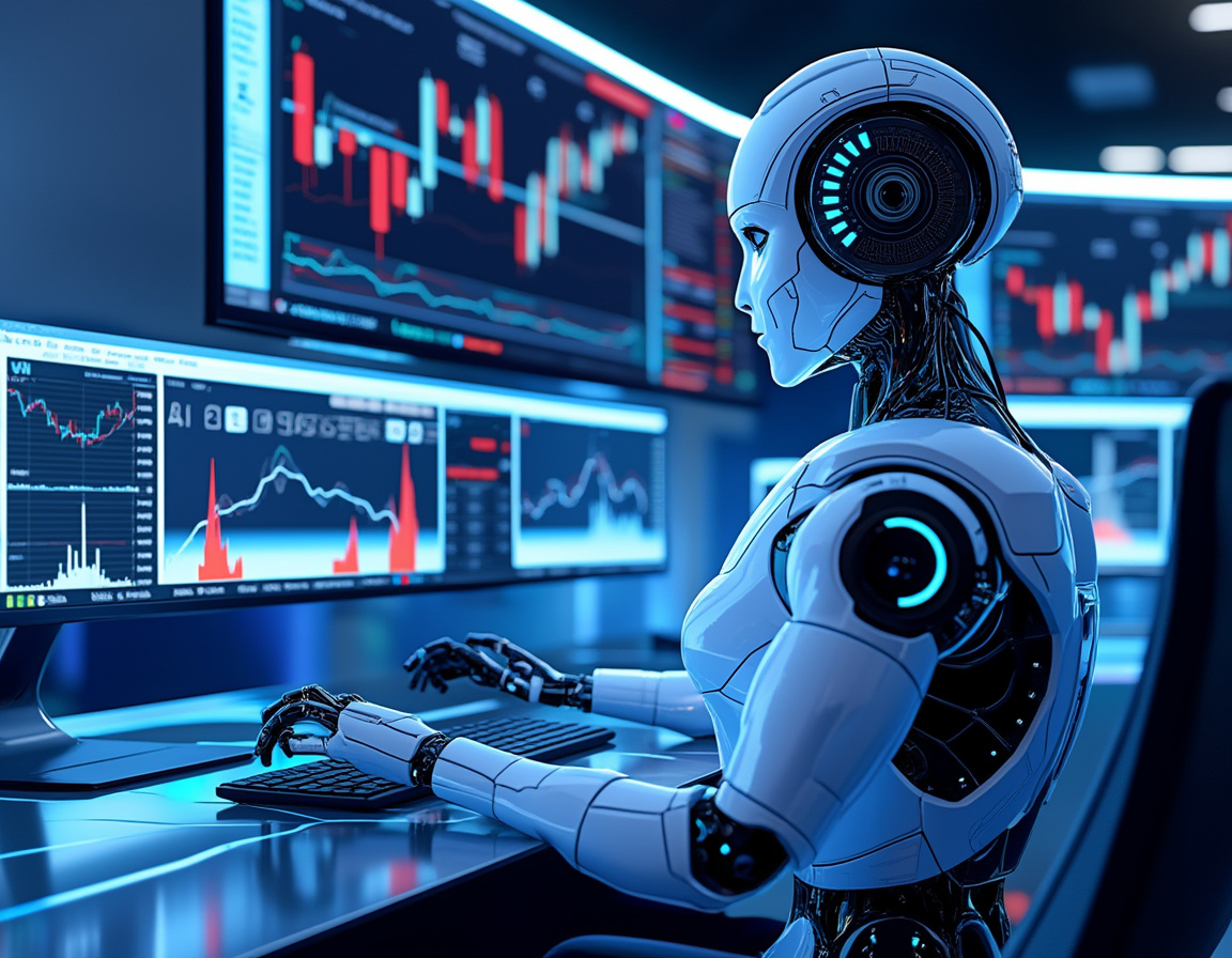 A hyper-realistic AI trading bot at a high-tech workstation analyzing stock and crypto market data.