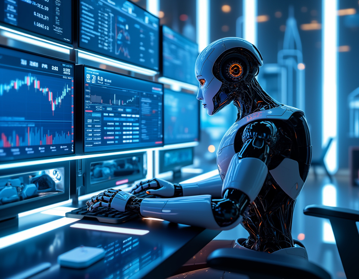 A hyper-realistic AI trading bot in a futuristic office analyzing market data on multiple screens.