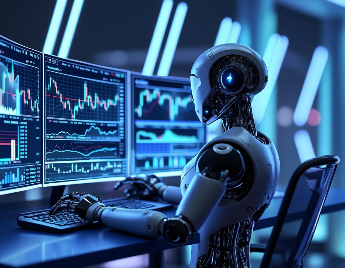 A futuristic AI trading bot analyzes data on multiple screens in a high-tech financial environment.
