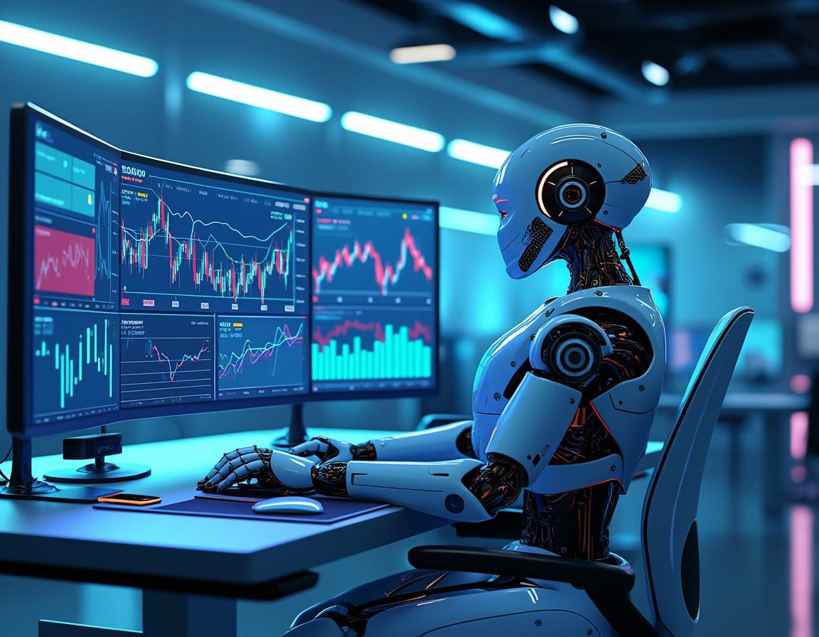 A humanoid AI trading bot works at a high-tech workstation analyzing market data and trends.