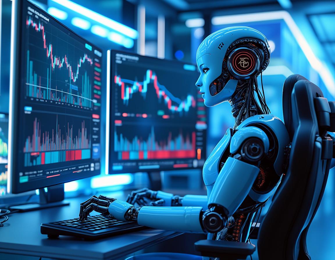 A hyper-realistic AI trading bot in a futuristic financial setting analyzing market data on screens.