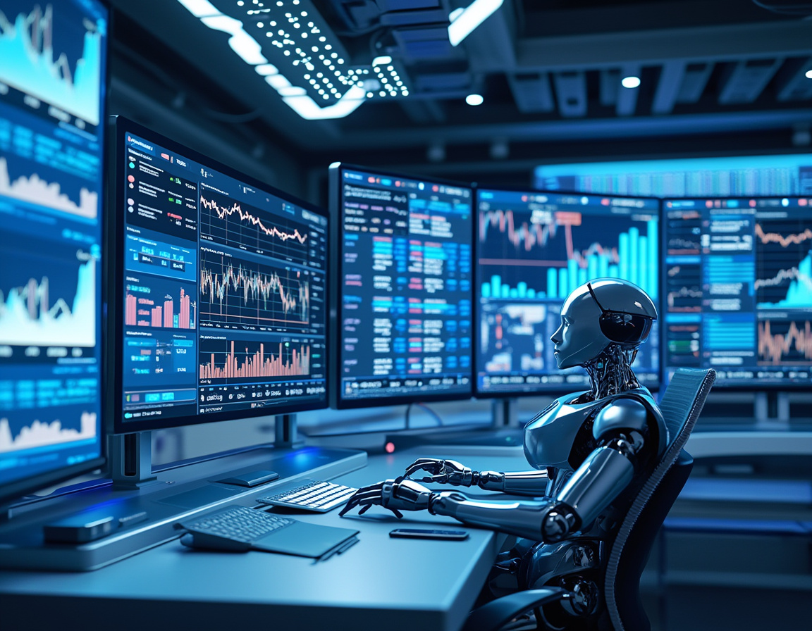 A humanoid AI trading bot analyzes data at a futuristic workstation with multiple market screens.