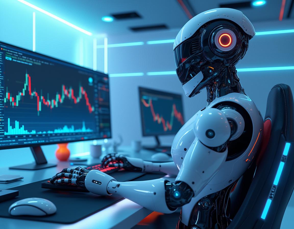 A humanoid AI trading bot analyzes market data at a futuristic workstation with multiple screens.