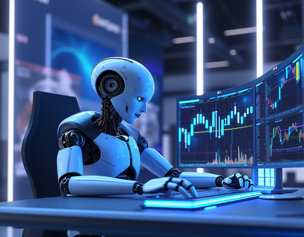 A hyper-realistic AI trading bot at a high-tech workstation analyzing crypto and stock market data.