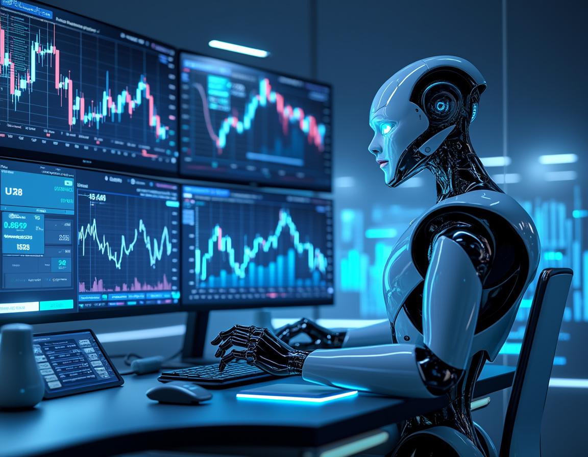 A hyper-realistic AI trading bot analyzes data at a futuristic trading desk with multiple screens.