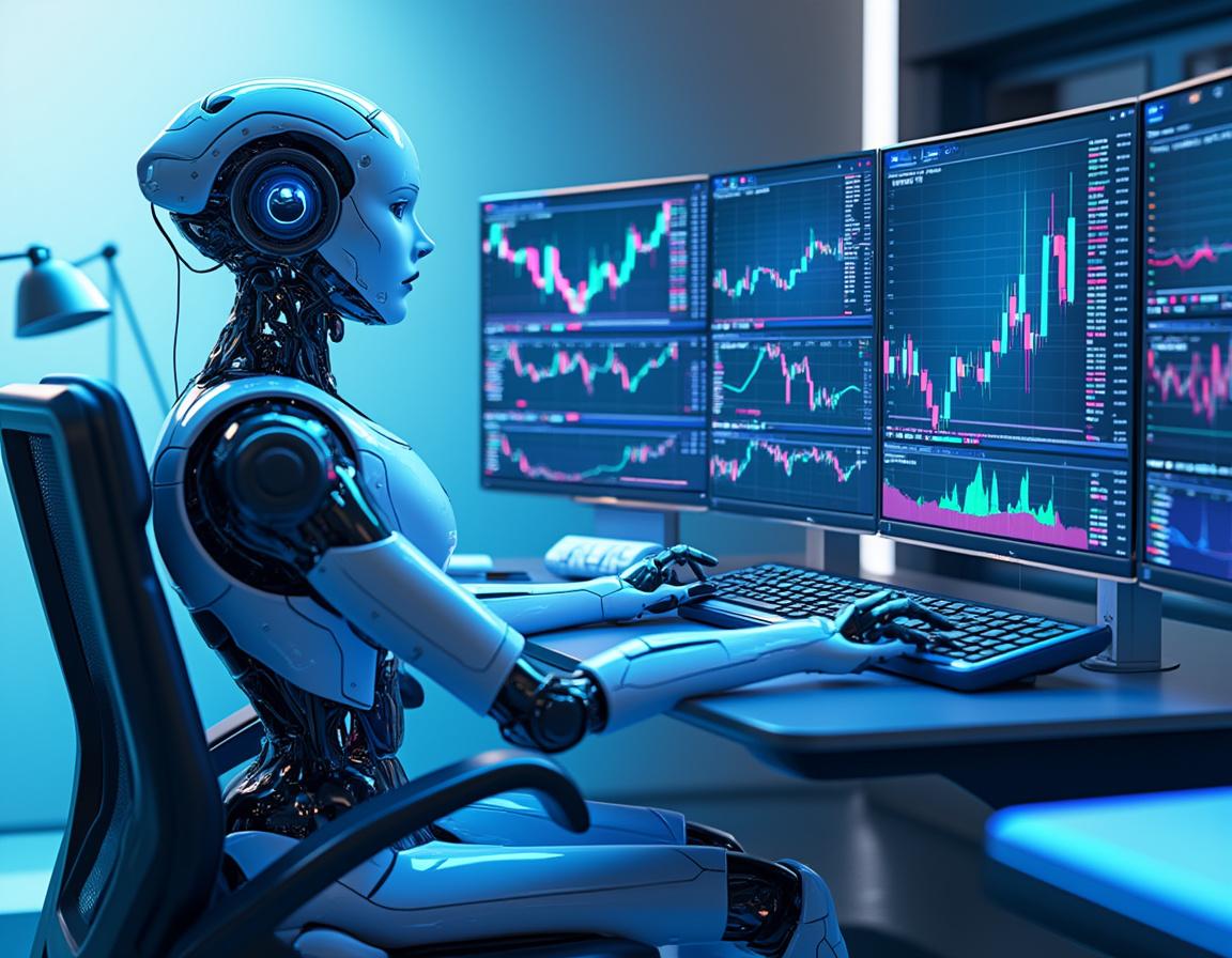 A hyper-realistic AI trading bot analyzes data at a high-tech workstation in a futuristic setting.