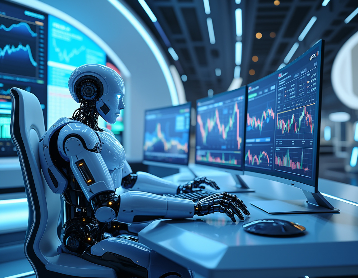 A hyper-realistic AI trading bot at a workstation analyzing market data on multiple glowing screens.