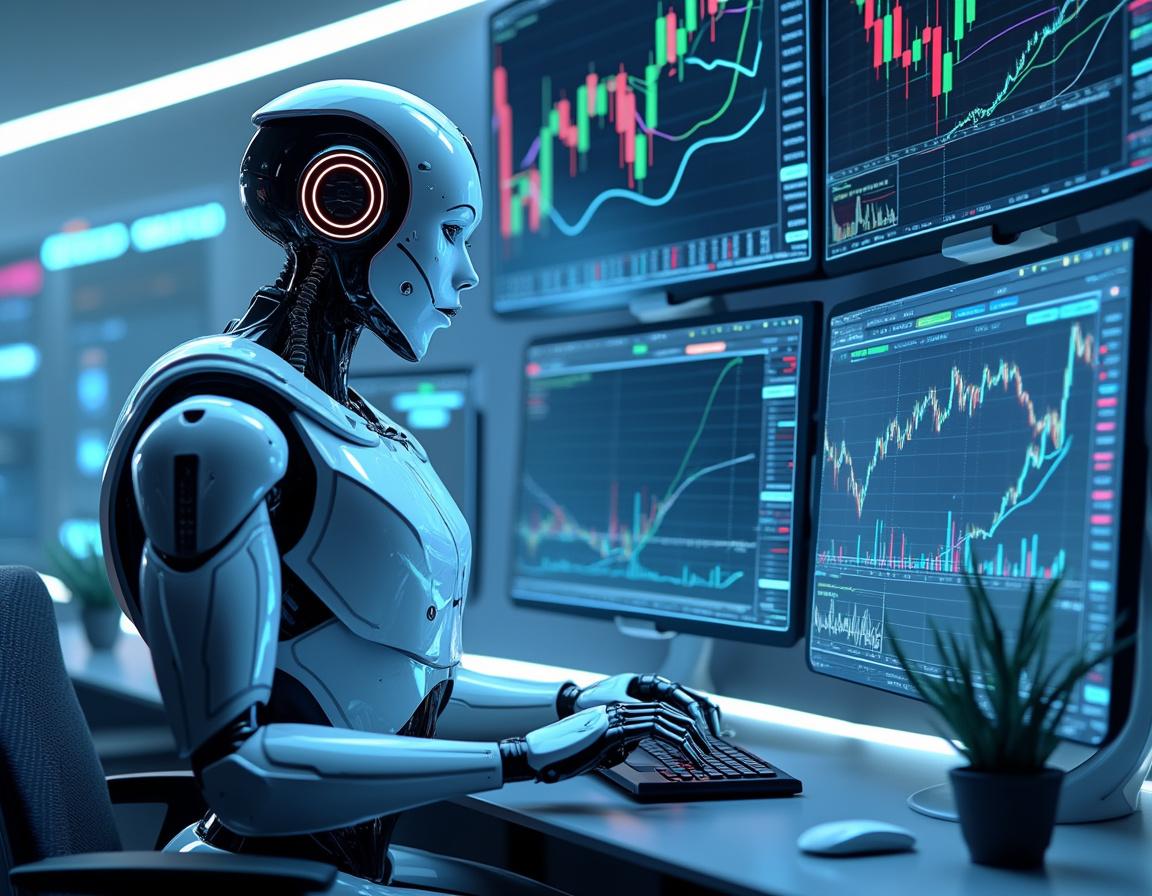 A hyper-realistic AI trading bot at a workstation, analyzing market data on multiple screens.