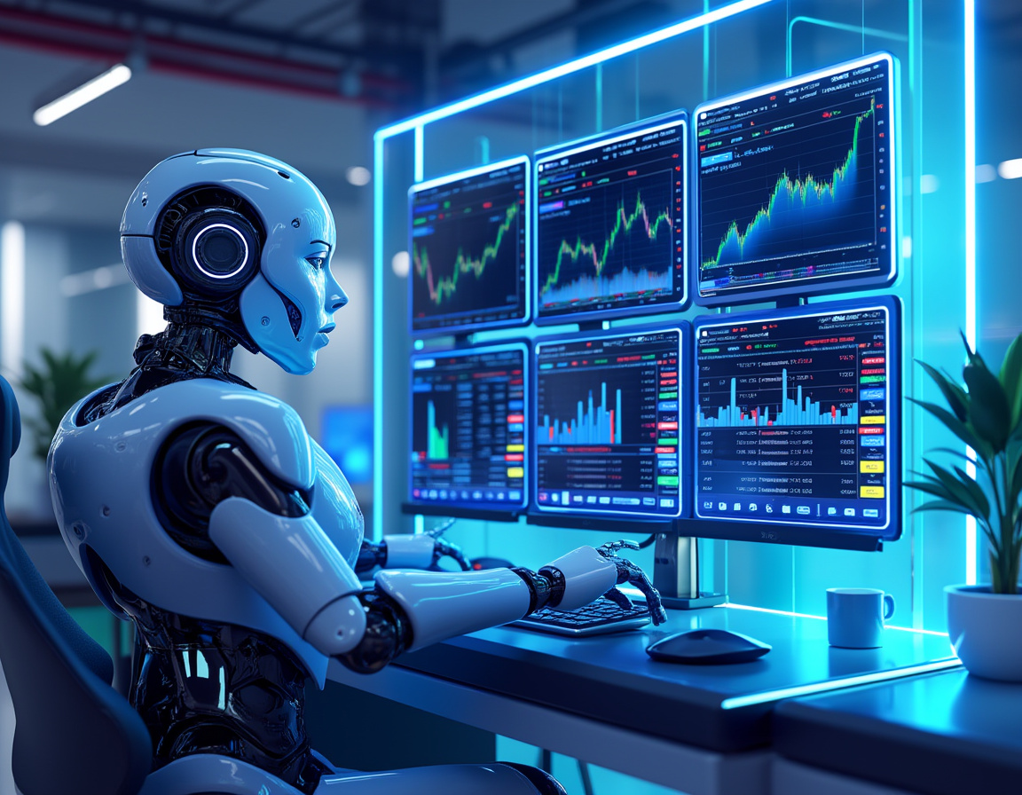 A humanoid AI trading bot analyzes market data at a high-tech workstation with multiple screens.